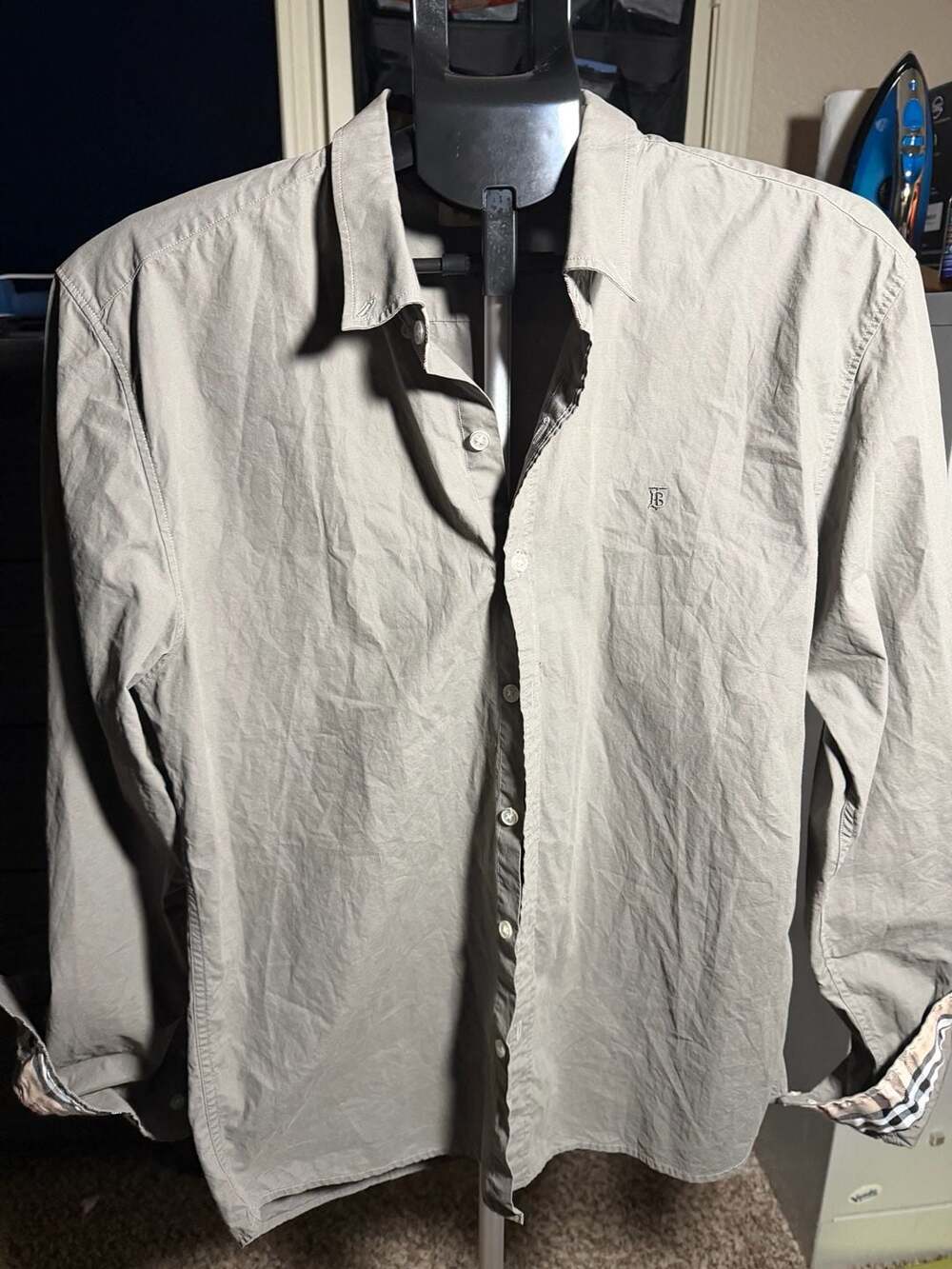 Burberry Brit Grey Long Sleeve Button Down Shirt with Plaid Cuffs Size XL